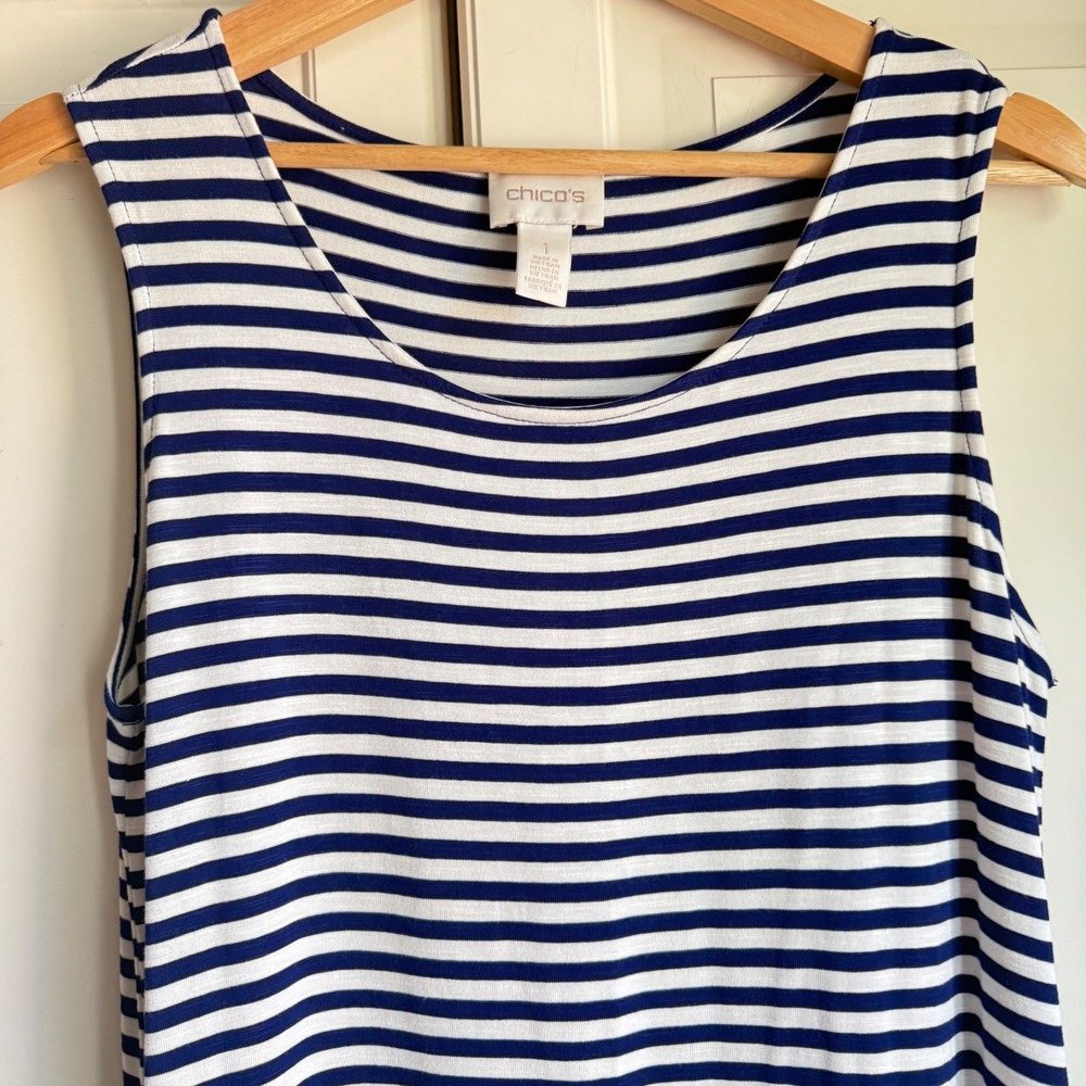 Chico's Maxi Dress Striped Sleeveless Casual Summer Beach Blue White Size 1 - Picture 2 of 8